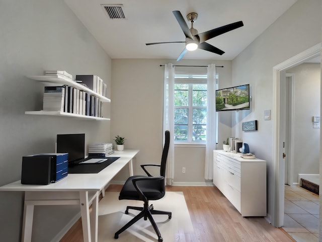 office space featuring light hardwood / wood-style floors and ceiling fan