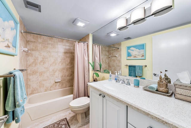 full bathroom with toilet, shower / bath combo with shower curtain, tile patterned flooring, and vanity