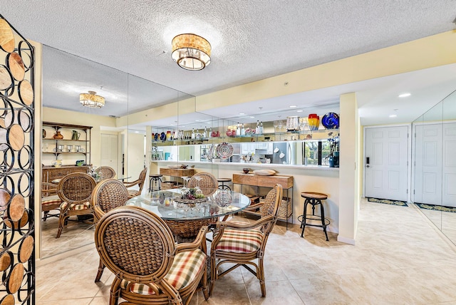 dining space with light tile floors and a textured ceiling