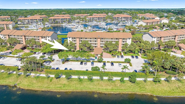 drone / aerial view featuring a water view