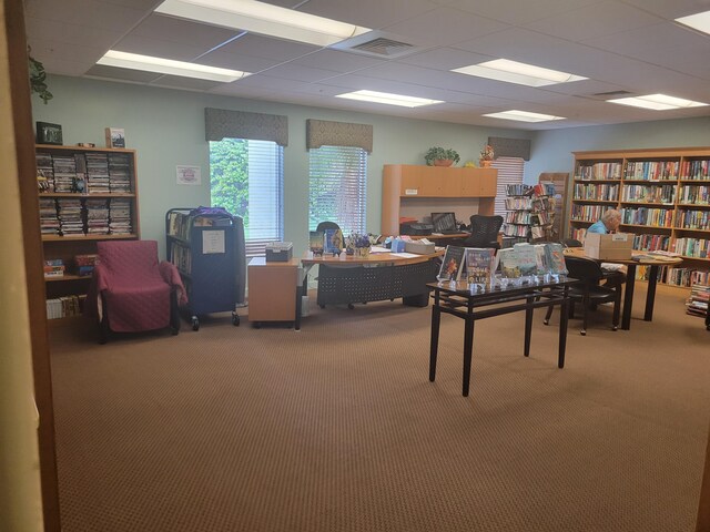 office area featuring carpet and a paneled ceiling