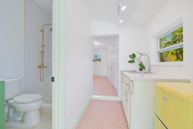 bathroom with walk in shower, toilet, vanity, and vaulted ceiling