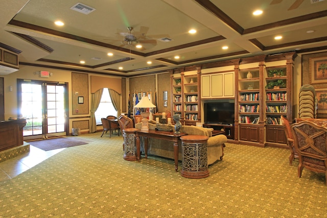 living room featuring french doors, beam ceiling, coffered ceiling, light colored carpet, and ceiling fan