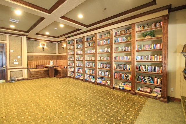 unfurnished room featuring beamed ceiling, coffered ceiling, built in features, and dark tile floors