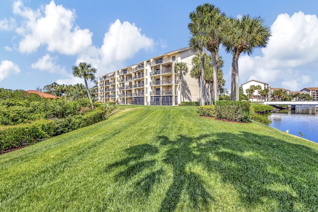 exterior space with a water view