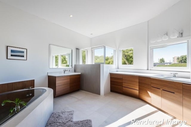 bathroom with tile floors, a bath to relax in, and vanity