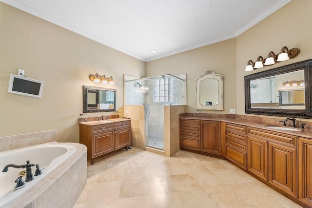 bathroom with ornamental molding, a textured ceiling, tile floors, and plus walk in shower