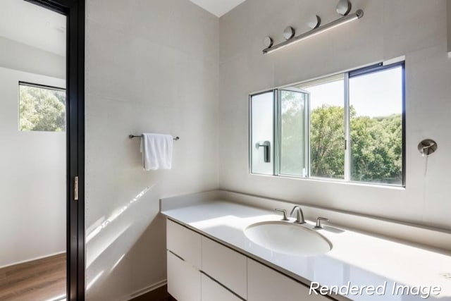 bathroom featuring plenty of natural light, vanity, and hardwood / wood-style flooring