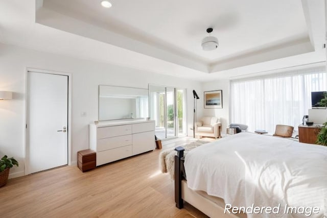 bedroom featuring light hardwood / wood-style flooring and a raised ceiling