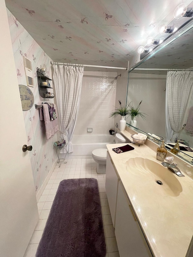 full bathroom featuring shower / bath combination with curtain, tile flooring, toilet, and large vanity