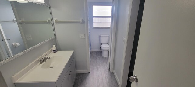 bathroom with vanity, hardwood / wood-style flooring, and toilet