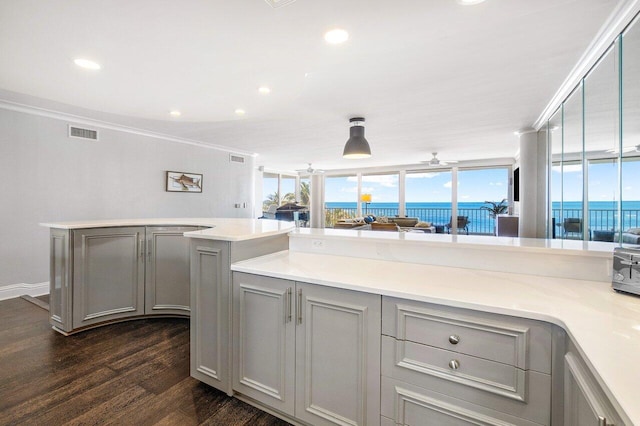 kitchen with a water view, gray cabinetry, decorative light fixtures, dark hardwood / wood-style flooring, and ornamental molding