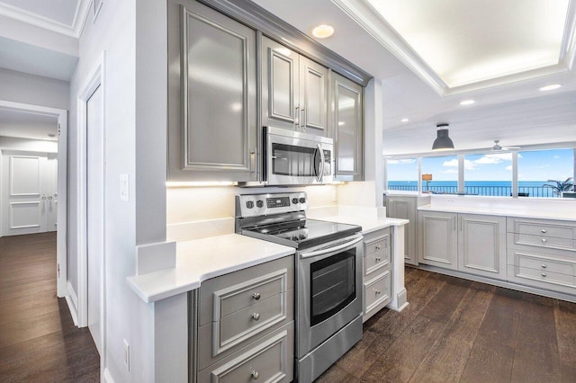 kitchen featuring ornamental molding, appliances with stainless steel finishes, gray cabinets, and dark wood-type flooring