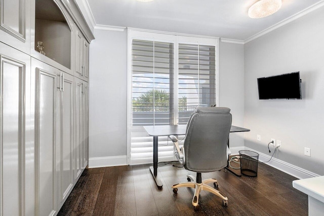 home office with crown molding and dark hardwood / wood-style flooring