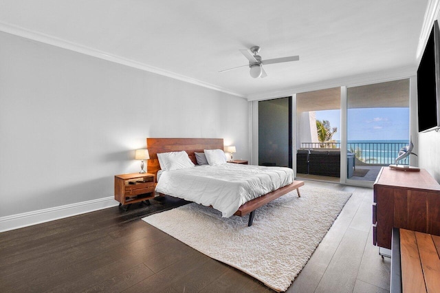 bedroom with crown molding, dark wood-type flooring, ceiling fan, and access to exterior