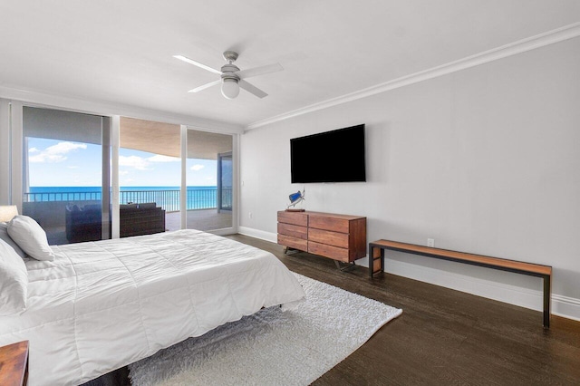 bedroom with multiple windows, crown molding, ceiling fan, and dark wood-type flooring