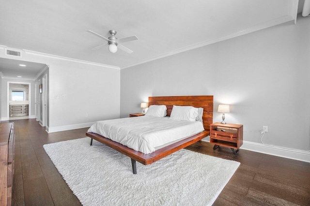 bedroom with crown molding, dark hardwood / wood-style flooring, and ceiling fan