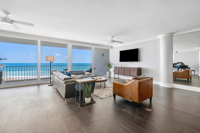 living room with dark wood-type flooring, ceiling fan, and a water view