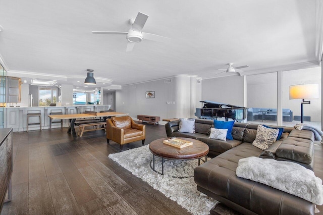 living room featuring ornamental molding, dark wood-type flooring, and ceiling fan