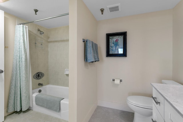 full bathroom featuring vanity, toilet, shower / bath combination with curtain, and tile patterned flooring