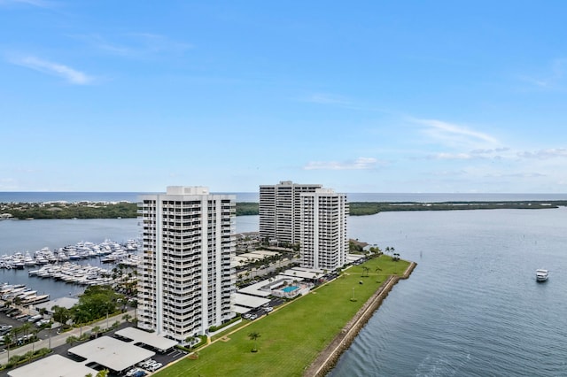 drone / aerial view with a water view