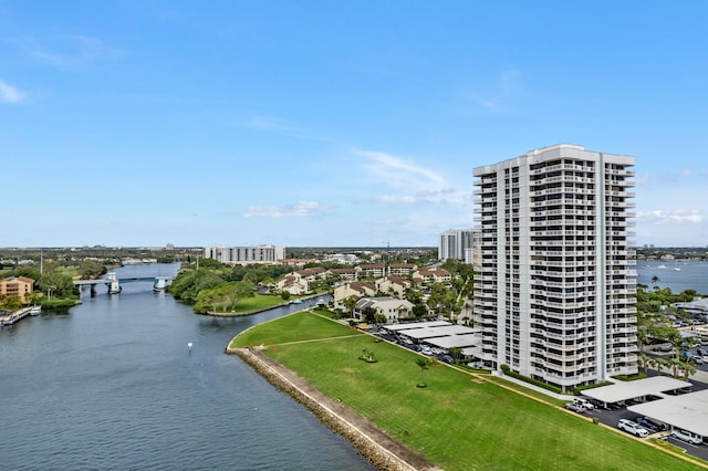 bird's eye view with a water view