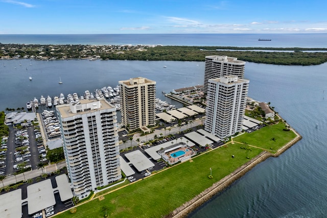 aerial view featuring a water view