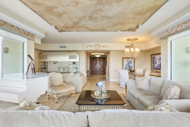 living room with a chandelier