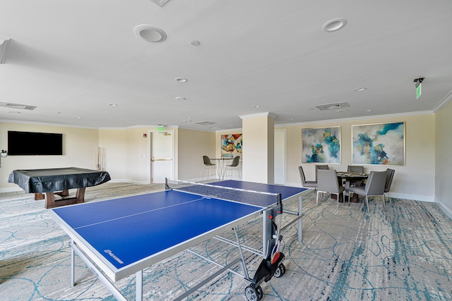 playroom featuring billiards and crown molding