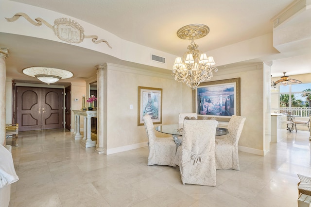 tiled dining space featuring an inviting chandelier