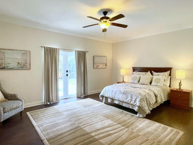 bedroom featuring access to outside, ornamental molding, dark wood-type flooring, and ceiling fan