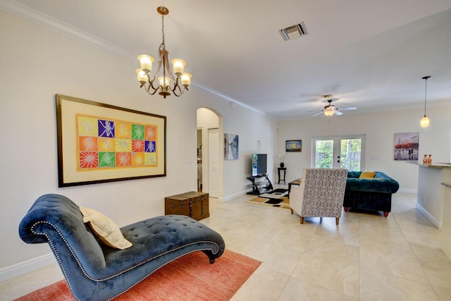 interior space with ceiling fan with notable chandelier, french doors, ornamental molding, and light tile patterned floors