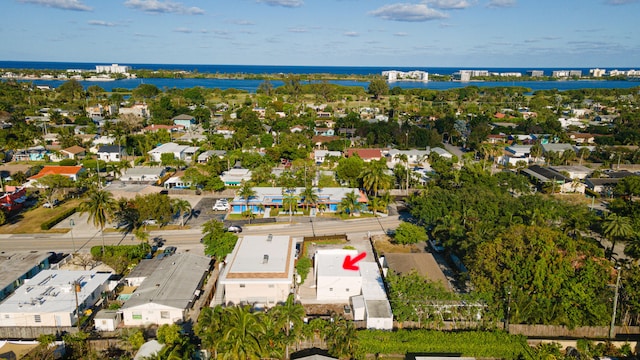 drone / aerial view featuring a water view