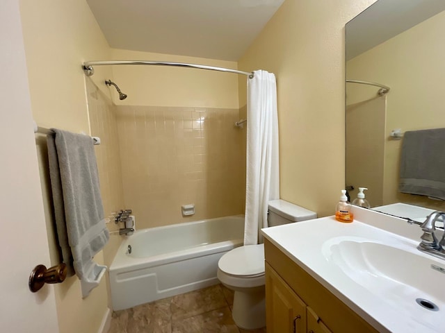 full bathroom with large vanity, shower / bath combo, toilet, and tile flooring