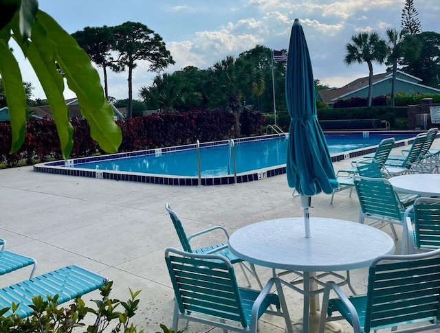 view of swimming pool featuring a patio area