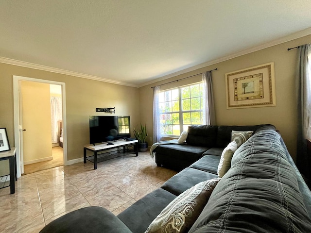 tiled living room featuring ornamental molding