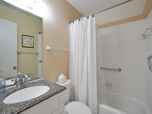 full bathroom with vanity, toilet, and shower / bathtub combination with curtain