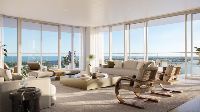 sunroom / solarium with a water view and plenty of natural light