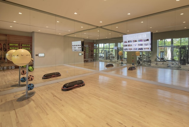 workout area featuring light wood-type flooring and a healthy amount of sunlight