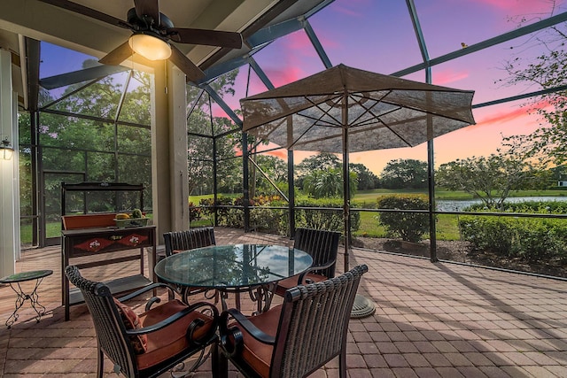 patio terrace at dusk with a lanai