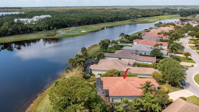 bird's eye view with a water view