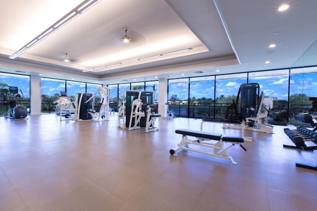 workout area featuring expansive windows, crown molding, and a tray ceiling