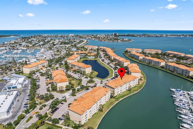 bird's eye view with a water view