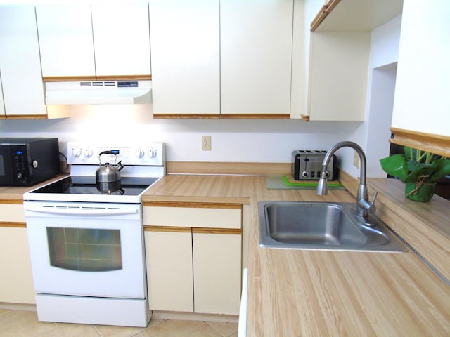 kitchen with white electric stove, light countertops, a sink, black microwave, and under cabinet range hood