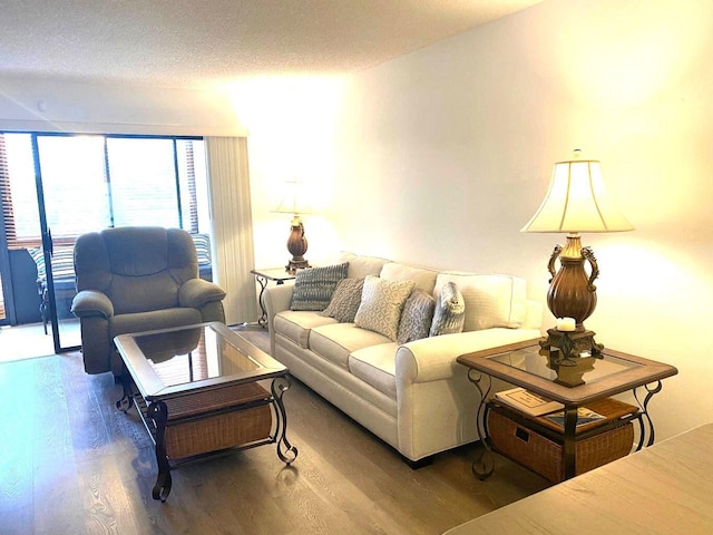 living area with a textured ceiling and wood finished floors