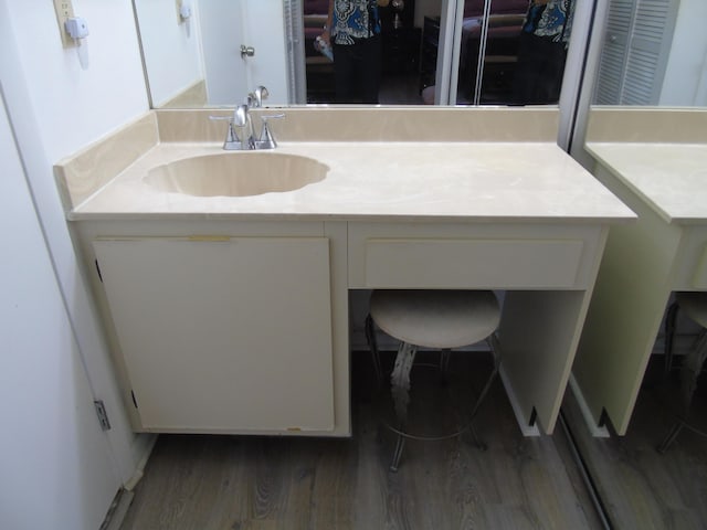 bathroom with wood finished floors and vanity