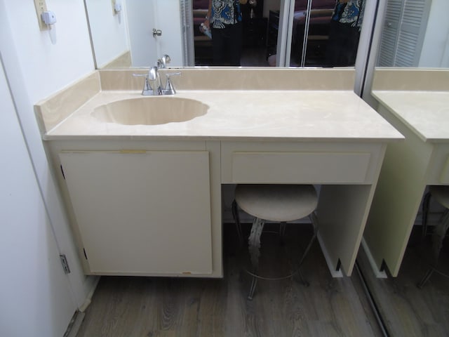 bathroom with vanity and hardwood / wood-style flooring