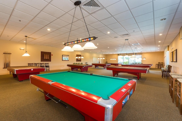 rec room featuring carpet, billiards, visible vents, and recessed lighting