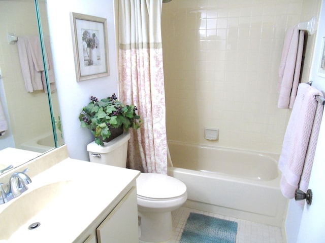 full bathroom featuring toilet, vanity, shower / bath combination with curtain, and tile patterned floors