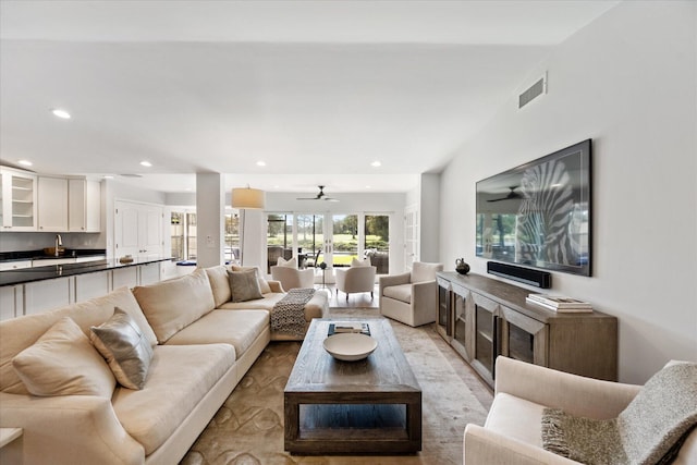 living room with ceiling fan